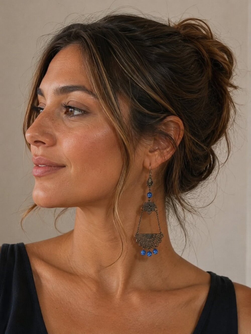 Bohemian Filigree Drop Earrings with Blue Beads